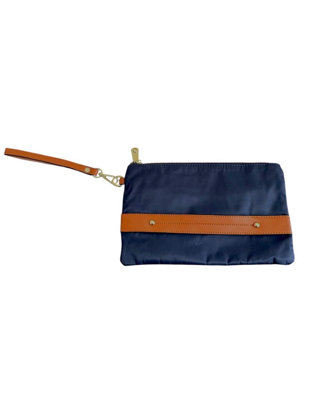 Navy Wristlet Clutch with Tan Trim